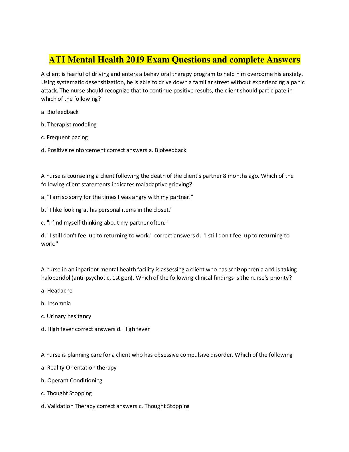 Preview image for ATI Mental Health 2019 Exam Questions and complete Answers